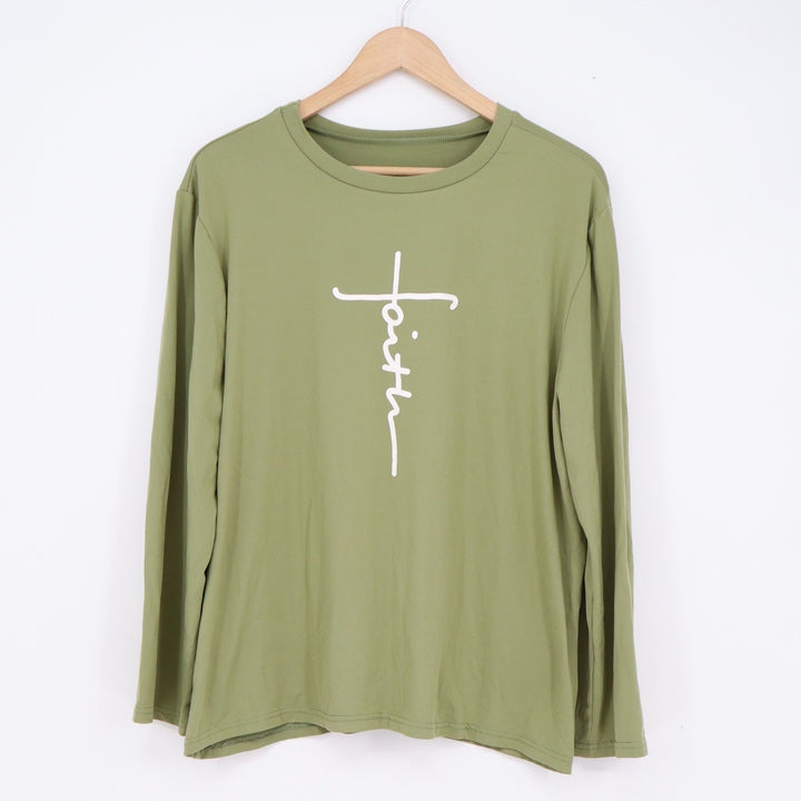Faith Cross Graphic Long Sleeve T-Shirt Olive Green Crewneck Religious Top L