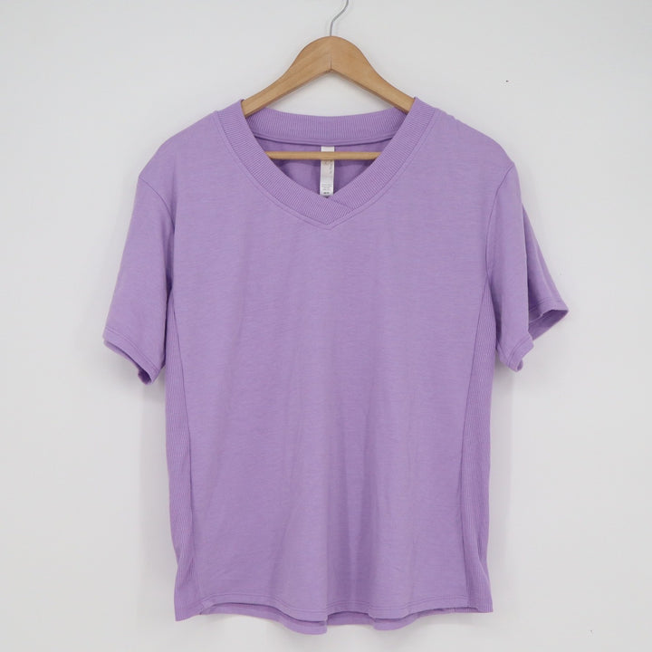 Flora Nikrooz Purple V-Neck Ribbed Trim Lounge Top Short Sleeve Medium