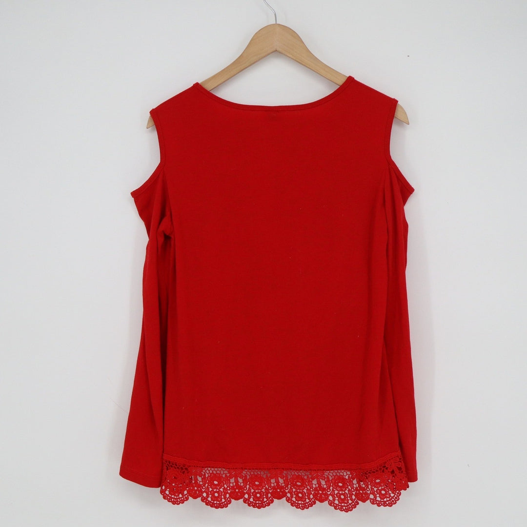 Fashion Red Cold Shoulder Long Sleeve Top Crochet Lace Trim Size M