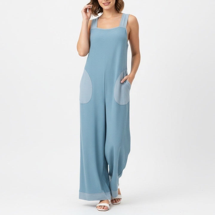 WIHOLL Blue Waffle Knit Jumpsuit Wide Leg Cropped Tie Back Size L