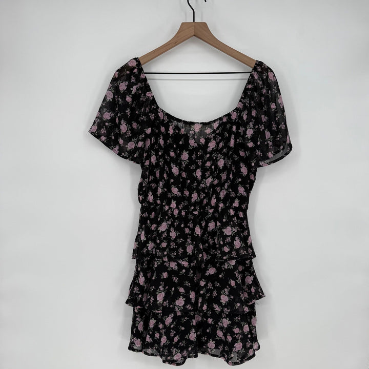 ROW A Black Pink Floral Ruffle Tiered Mini Dress Short Sleeve Square Neck M