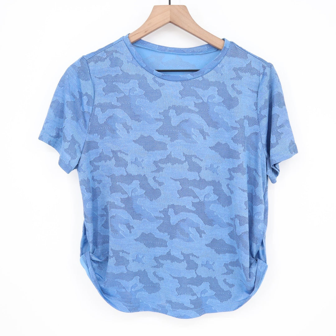 SheIn Easithlete T-Shirt Womens Large Blue Camo Short Sleeve Crew Neck Pullover