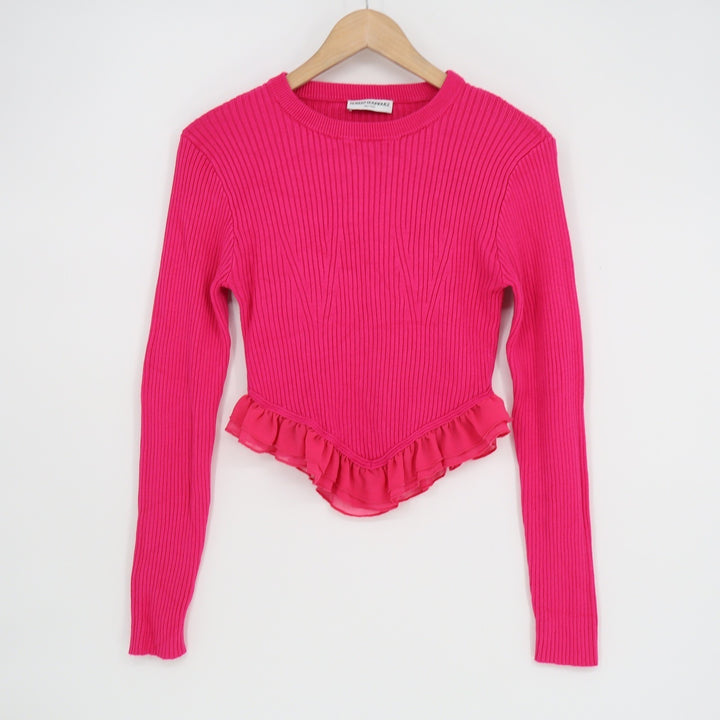 Robert Rodriguez Hot Pink Ribbed Knit Ruffle Hem Cropped Sweater Long Sleeve