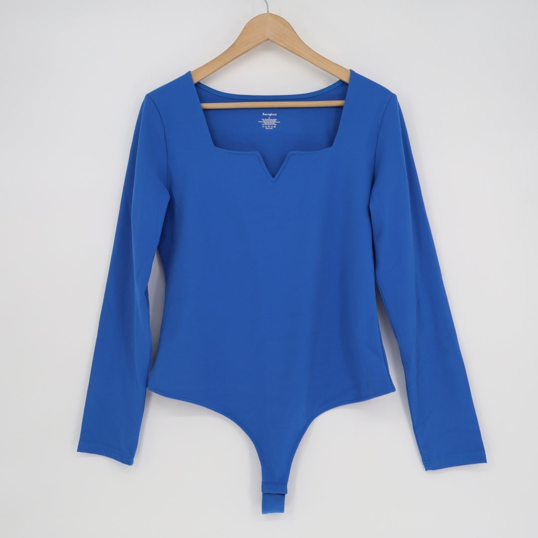 Saungkuai Bodysuit One Piece Womens XL Blue Rayon Stretch Split Neck Long Sleeve