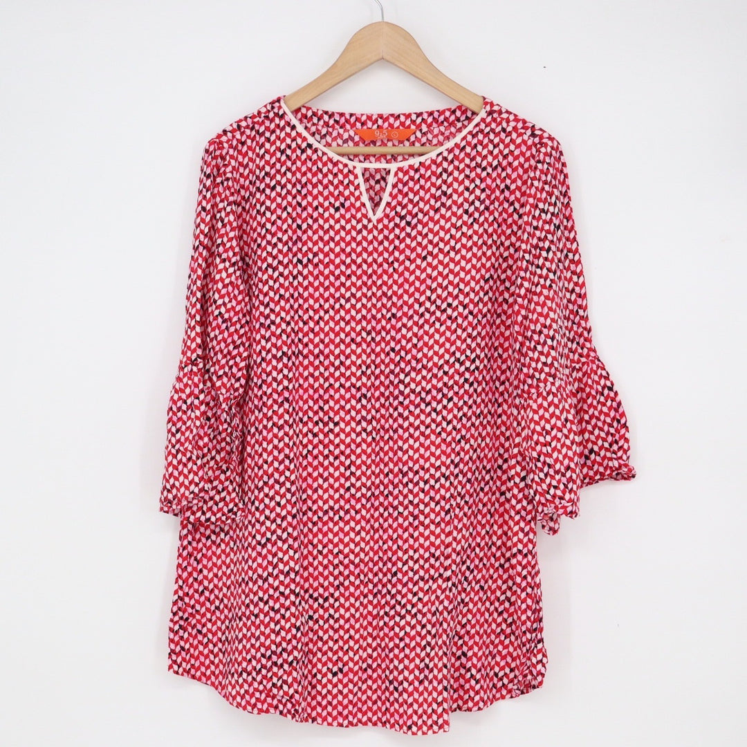 9 to 5 Attire Red Geometric Chevron Bell Sleeve Tunic Top Large Notch Neck