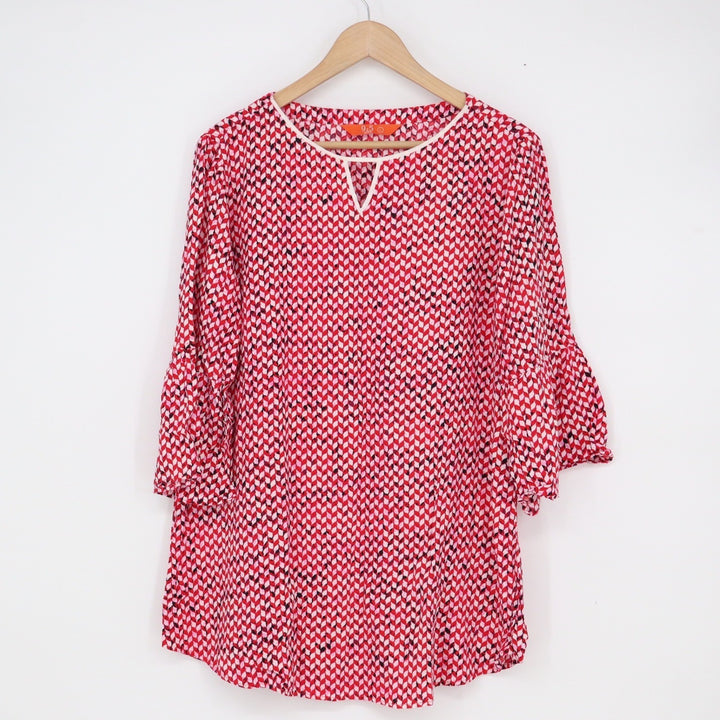 9 to 5 Attire Red Geometric Chevron Bell Sleeve Tunic Top Large Notch Neck