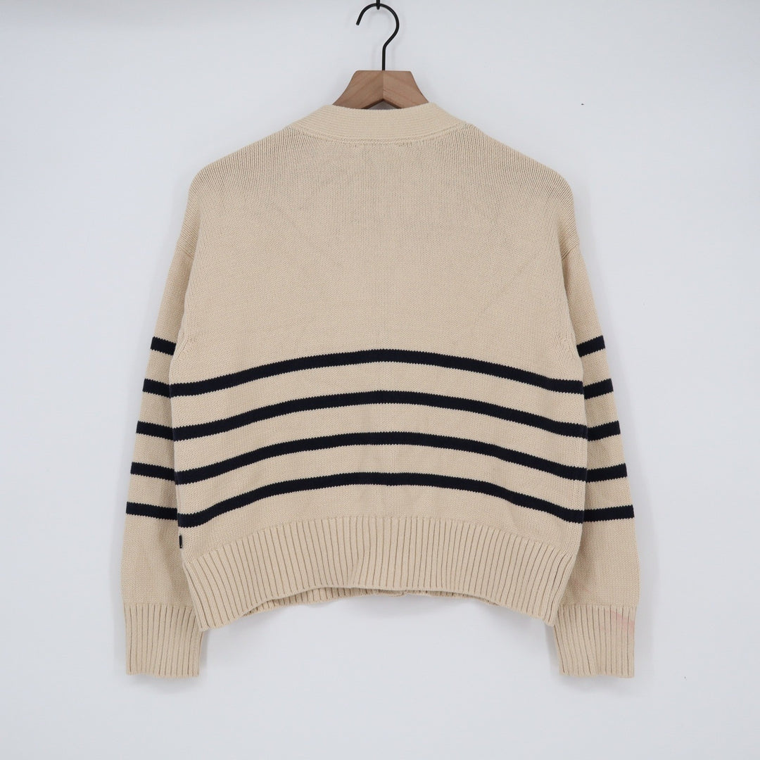 Nautica Jeans Womens Beige Navy Blue Striped V-Neck Cardigan Sweater Size S P