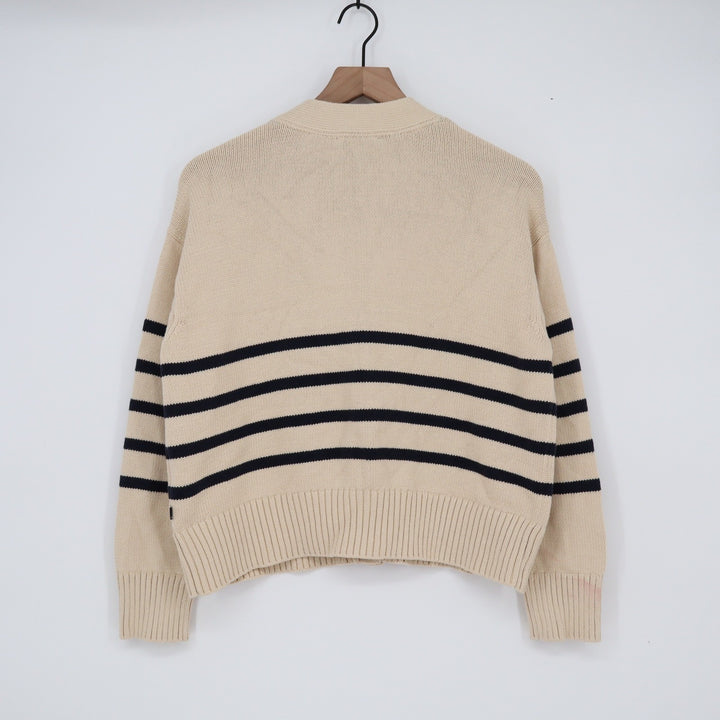 Nautica Jeans Womens Beige Navy Blue Striped V-Neck Cardigan Sweater Size S P