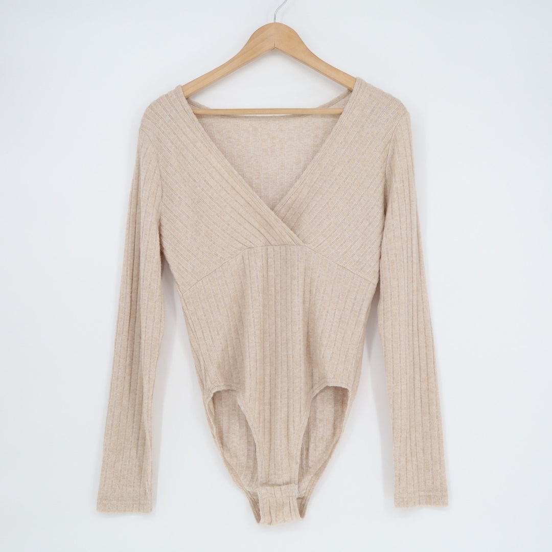 Shein Bodysuit Womens Large Beige Stretch Rib Knit Long Sleeve V-Neck One Piece