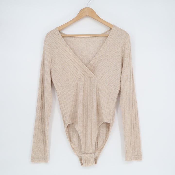 Shein Bodysuit Womens Large Beige Stretch Rib Knit Long Sleeve V-Neck One Piece