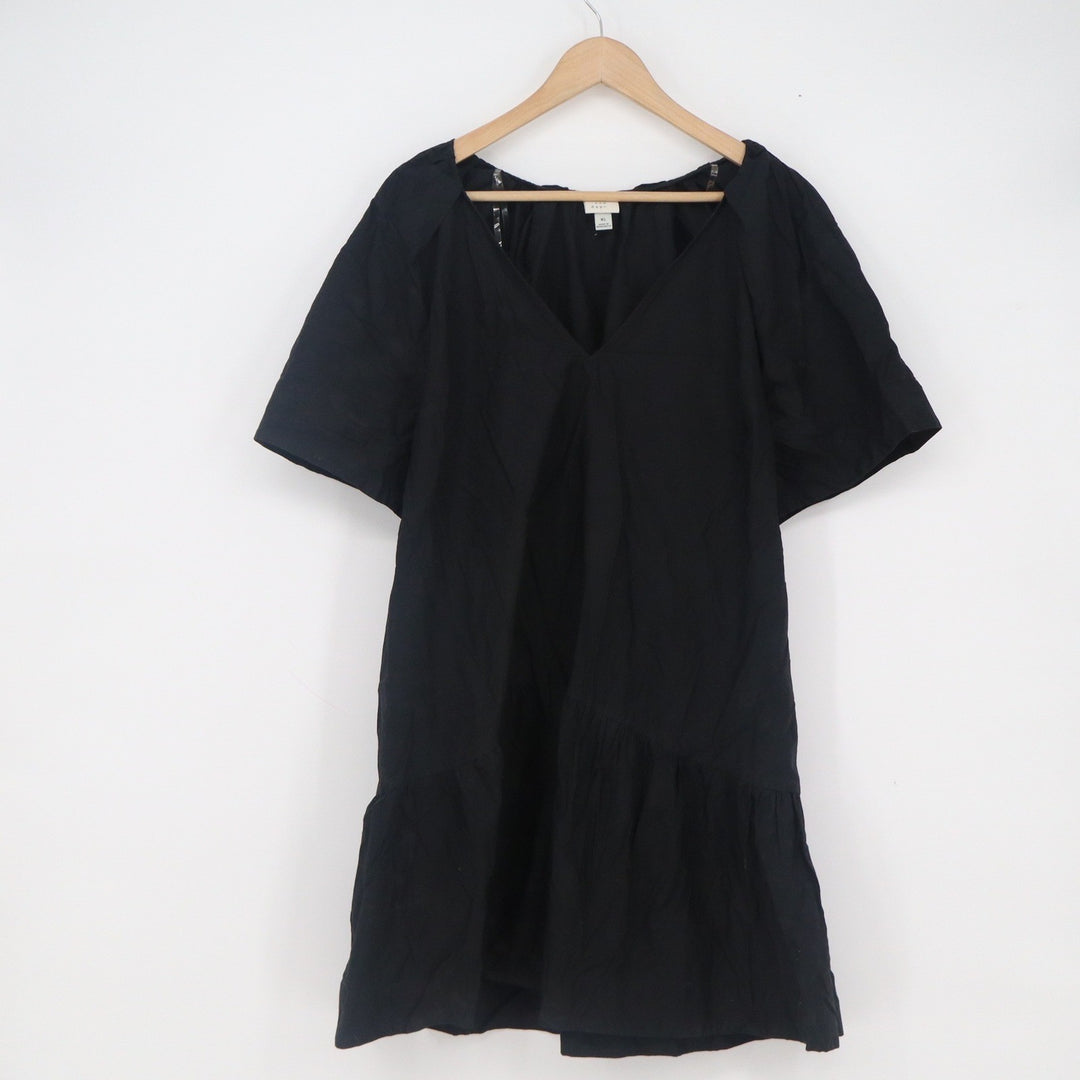 A New Day Womens XL Black Cotton V-Neck Puff Sleeve Tiered Mini Babydoll Dress