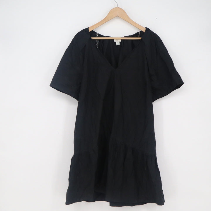A New Day Womens XL Black Cotton V-Neck Puff Sleeve Tiered Mini Babydoll Dress