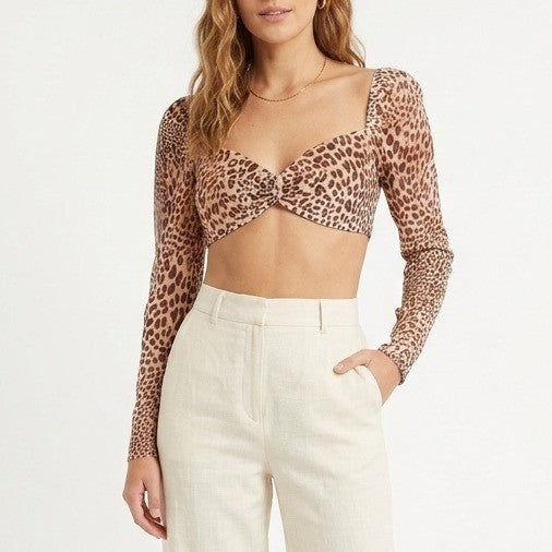 Naked Wardrobe The Statement Leopard Print Crop Top Brown Small