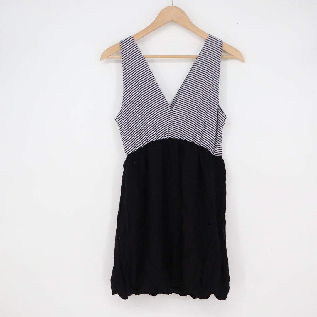 Joppa Womens Striped V-Neck Bubble Hem Mini Dress Black White Large USA