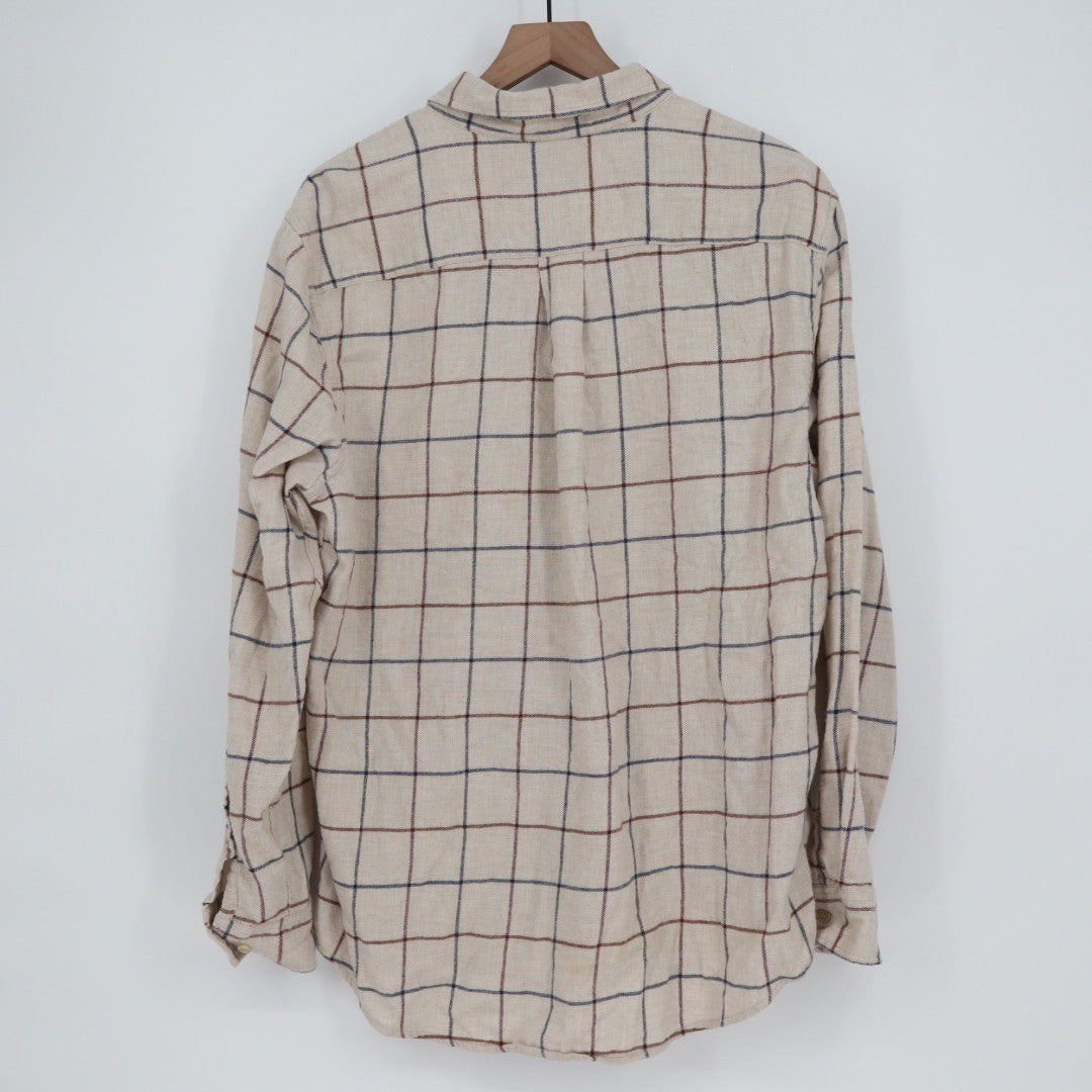 Croft & Barrow Mens L Button Down Shirt Long Sleeve Plaid Beige Blue Brown