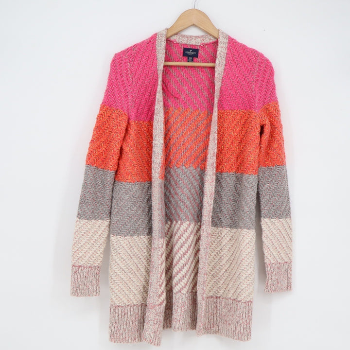 American Eagle Striped Chevron Knit Open Front Cardigan Pink Orange XS/S