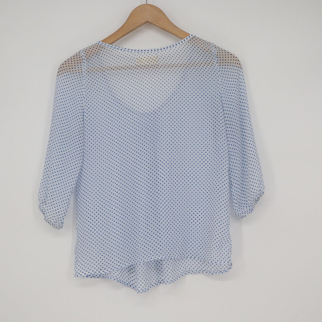 Hollister Blue White Polka Dot V-Neck 3/4 Sleeve Blouse Top XS