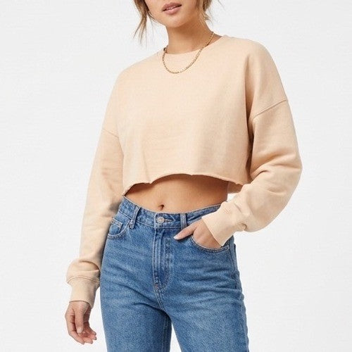 Naked Wardrobe Cropped Sweatshirt XL Beige Nude Raw Hem Long Sleeve