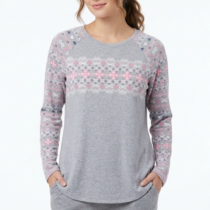 Cuddl Duds Pajama Top Womens Large Gray Floral Stretch Long Sleeve Crew Neck