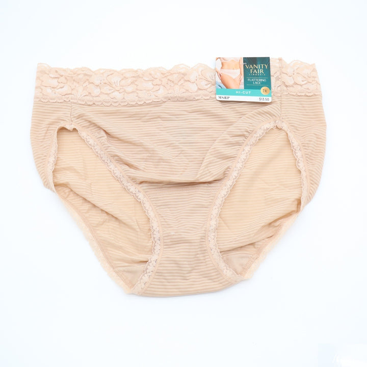 Vanity Fair Hi-Cut Panties Womens Large Beige Striped Stretch Flattering Lace