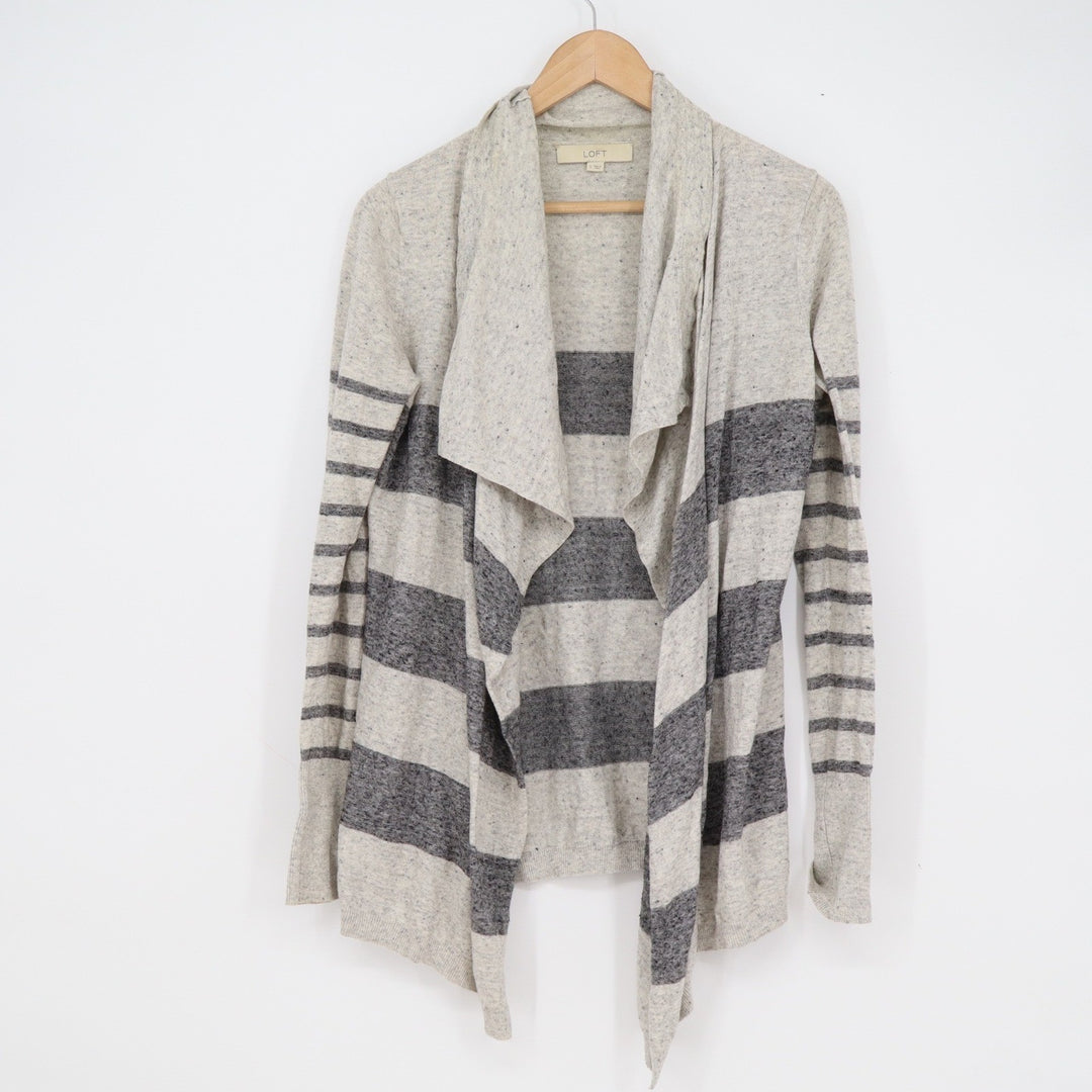 Ann Taylor Loft Womens Grey Striped Cotton Open Front Draped Cardigan Sweater S