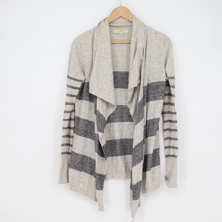 Ann Taylor Loft Womens Grey Striped Cotton Open Front Draped Cardigan Sweater S