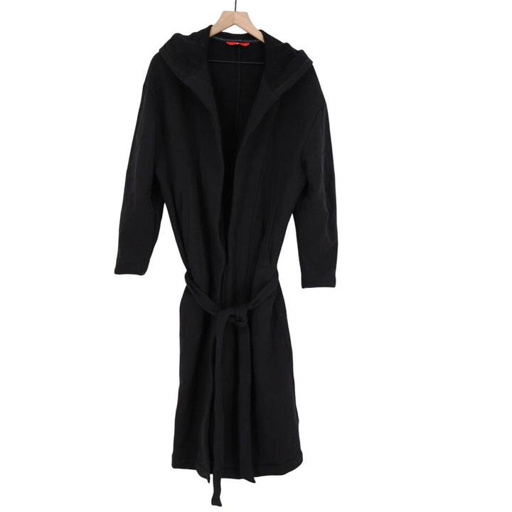 American Giant Fleece Long Coat Women M/L Black Cotton Waist Belt Hooded Pockets
