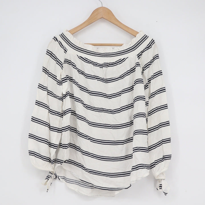Beachlunchlounge Striped Off the Shoulder Top White Navy Blue Tie Cuff Small