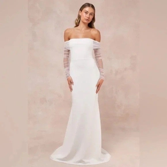 Lulus Beautifully Beloved White Mesh Off-The-Shoulder Maxi Dress Size XXS