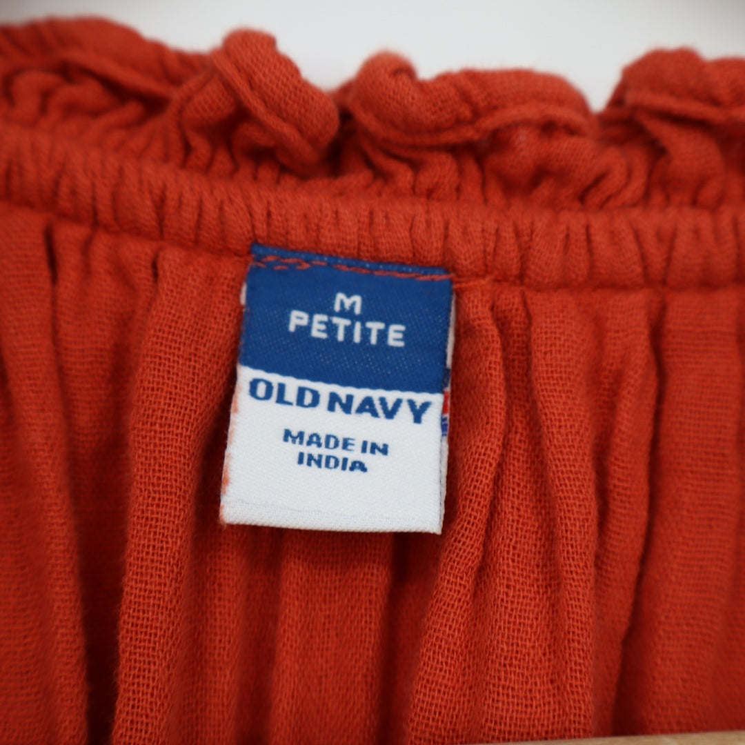 Old Navy Babydoll Dress Womens MP Rust Cotton Pleated Side Pockets Split Neck