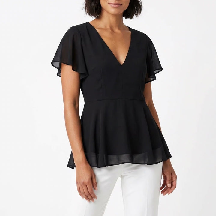 Torrid Black Chiffon V-Neck Flutter Sleeve Peplum Blouse Top Size 2