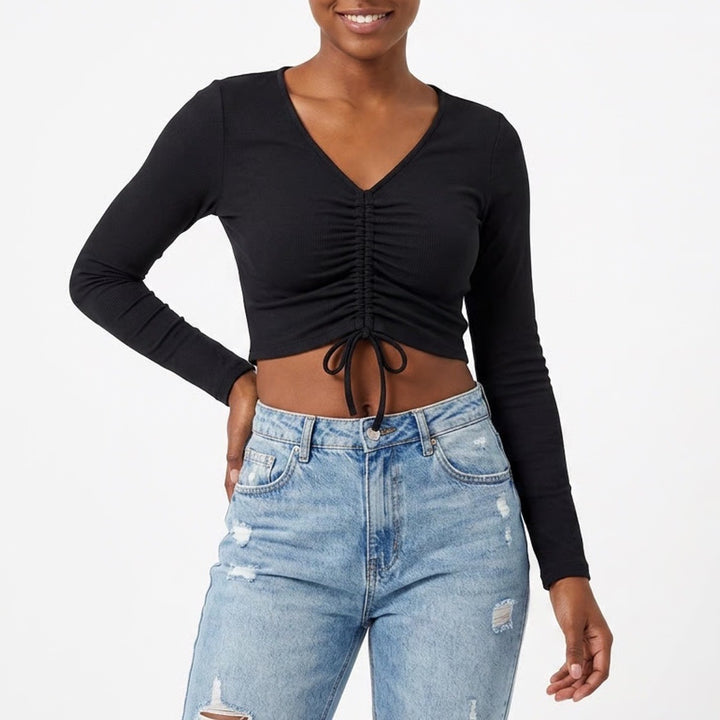 Calia Womens LS Ruched Rashguard Pure Black UPF 50+ Cropped Swim Top XS