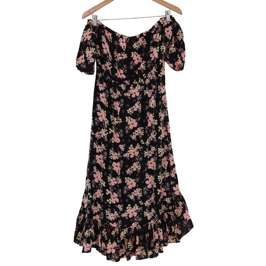 Rahi Cali A-Line Dress Women Small Black Floral Rayon Off The Shoulder Flare Hem
