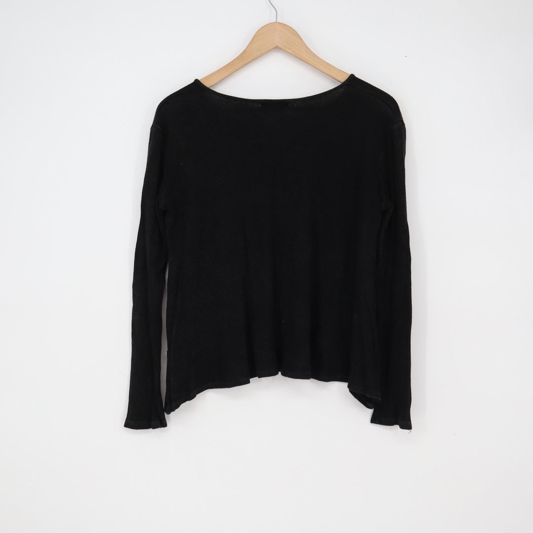 NYTT Top Womens S Long Sleeve Ribbed Notched V-Neck Black Thermal Excellent
