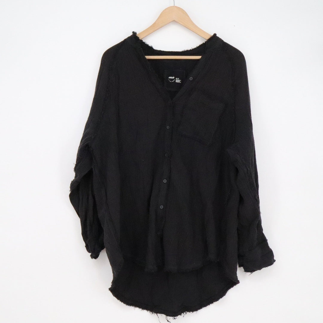 Aerie Black Cotton Gauze Oversized Button Down Distressed Raw Edge Shirt XS