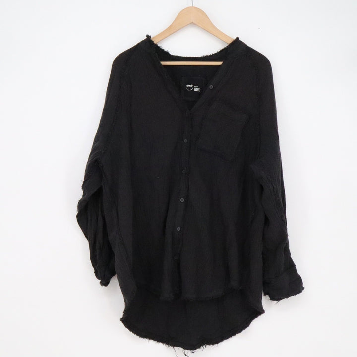 Aerie Black Cotton Gauze Oversized Button Down Distressed Raw Edge Shirt XS