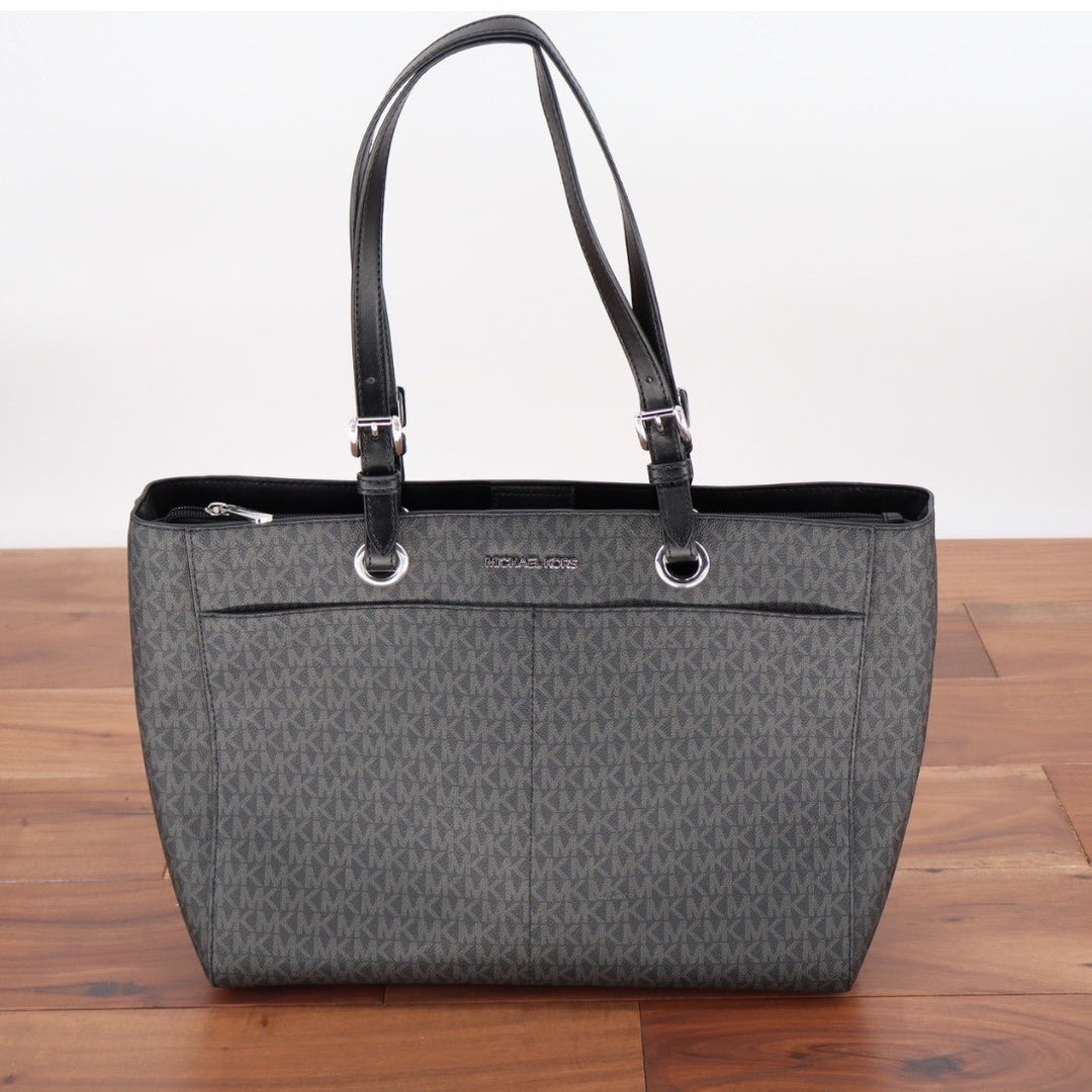 Michael Kors Signature MK Logo Jacquard Tote Bag Black Gray Shoulder Bag