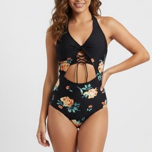 Cupshe One Piece Womens Small Black Floral Stretch Padded Halter Neck Swimsuit