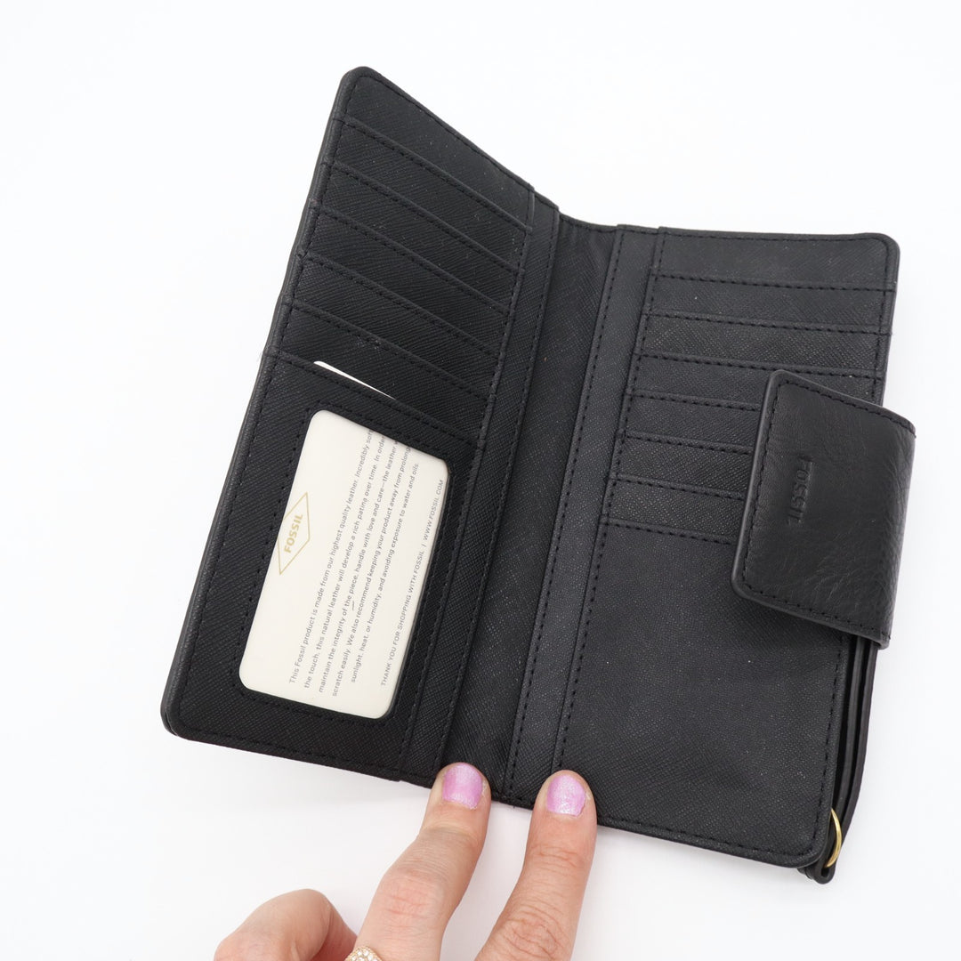 Fossil Logan Rfid Tab Clutch Womens Black Leather Zip Coin Pocket Bifold Wallet