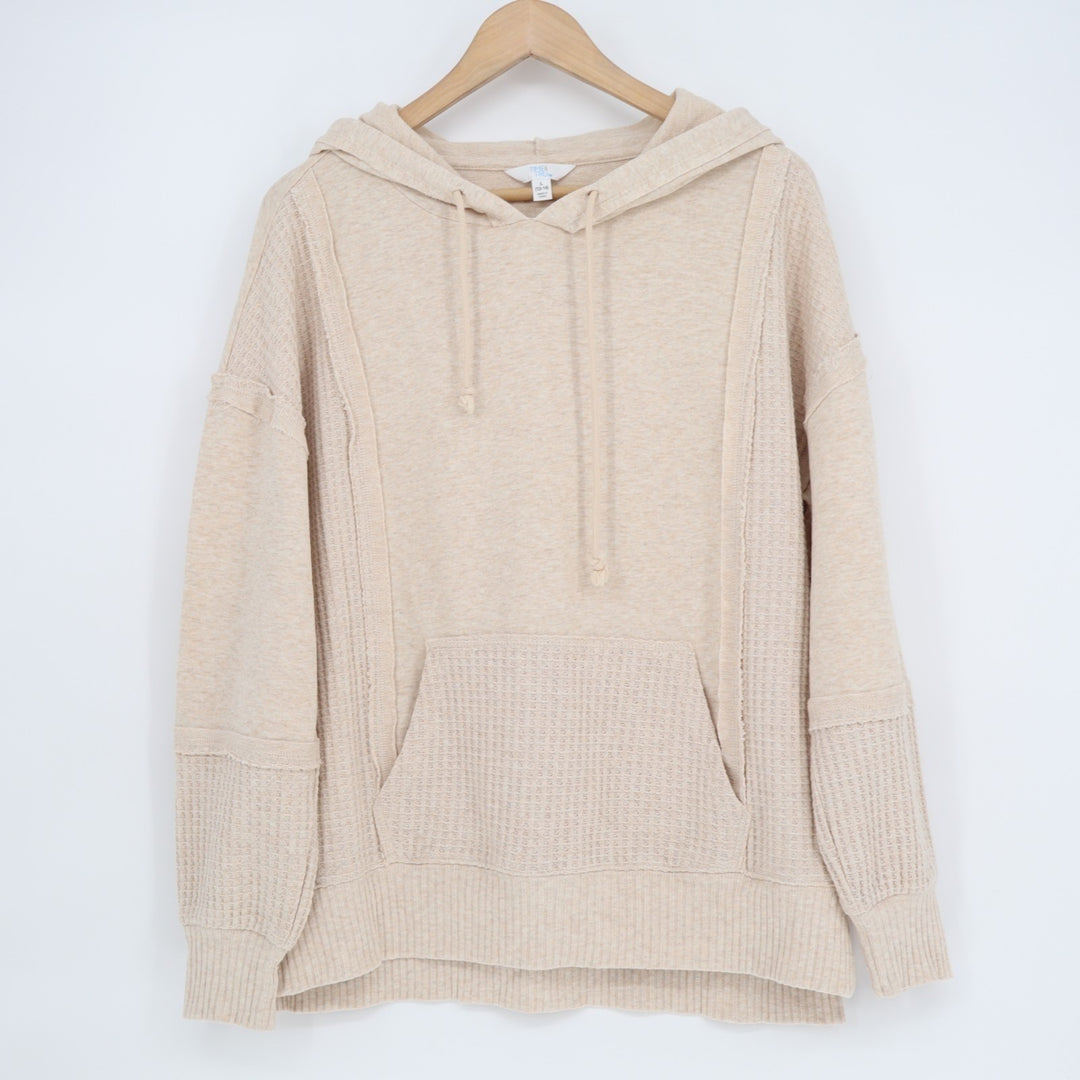 Time And Tru Hoodie Womens Large(12-14) Beige Waffle Knitted Kangaroo Pockets