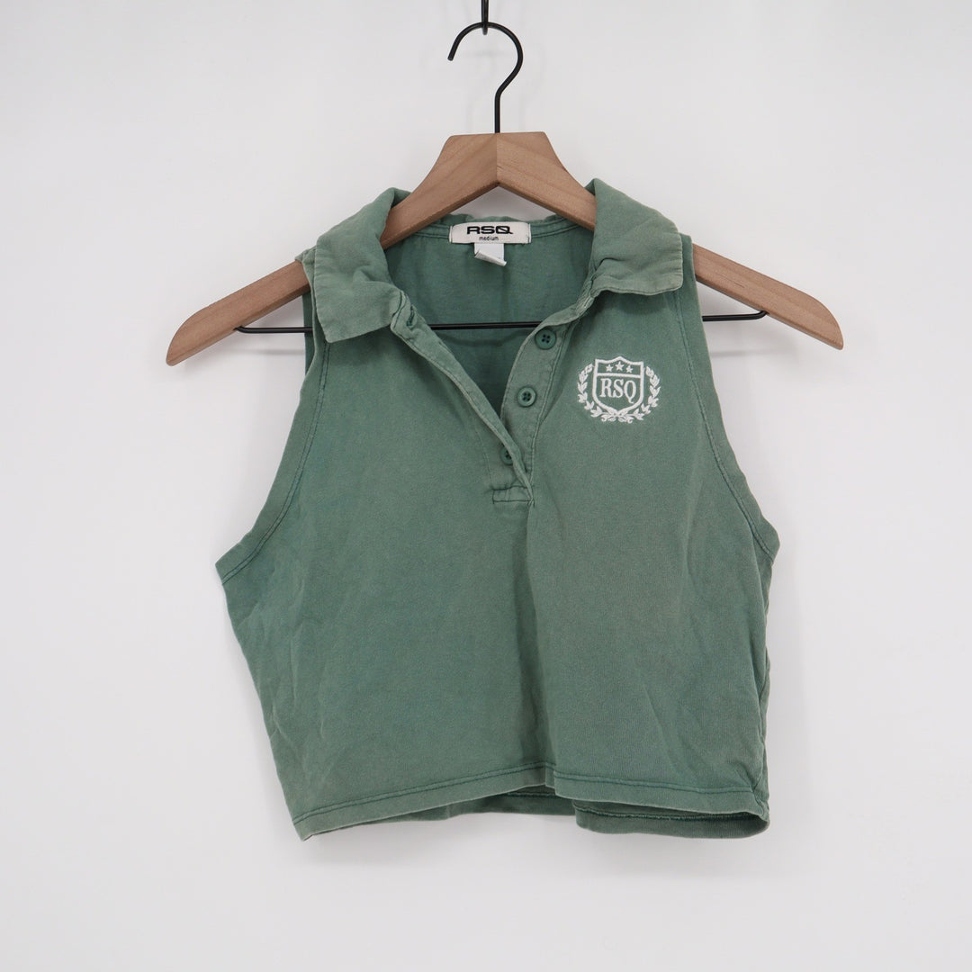 RSQ Womens Sleeveless Polo Crop Top Green Embroidered Crest Logo Size M Cotton