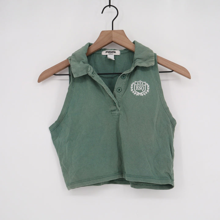 RSQ Womens Sleeveless Polo Crop Top Green Embroidered Crest Logo Size M Cotton