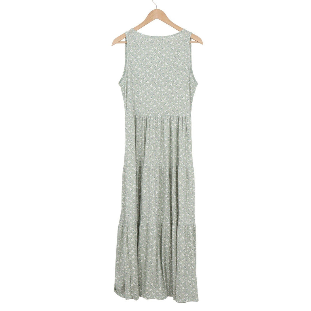 See You Monday Sage Green Floral Ribbed V-Neck Tiered Maxi Dress Womens Large