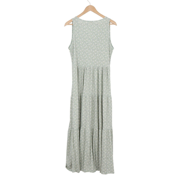 See You Monday Sage Green Floral Ribbed V-Neck Tiered Maxi Dress Womens Large
