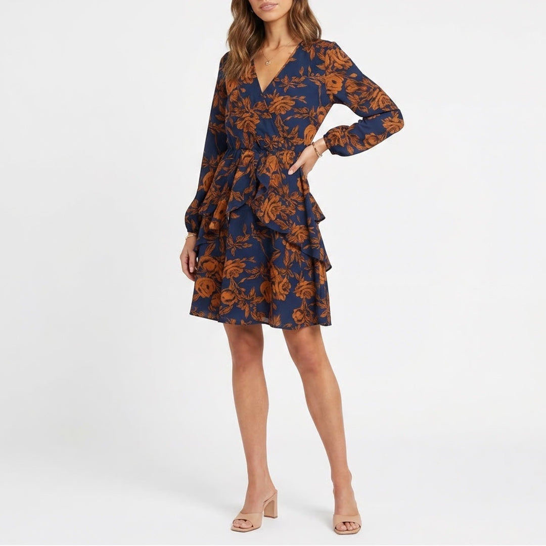 Huguest Navy Blue Burnt Orange Floral Wrap Mini Dress Long Sleeve Medium