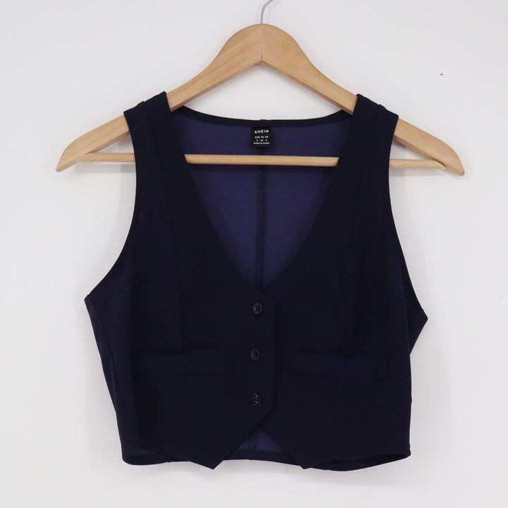 SHEIN Navy Blue Cropped Waistcoat Vest V-Neck Button Front Size S 4