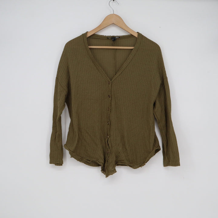 Forever 21 Olive Green Waffle Knit Button Front Cardigan Frayed Hem Small