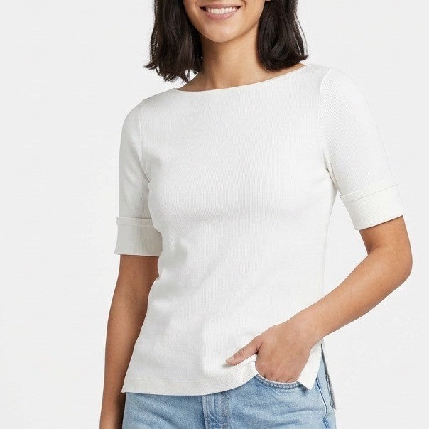 Madewell Elbow Sleeve Boatneck Tee Shirt Womens Small Eyelet White Side Slit