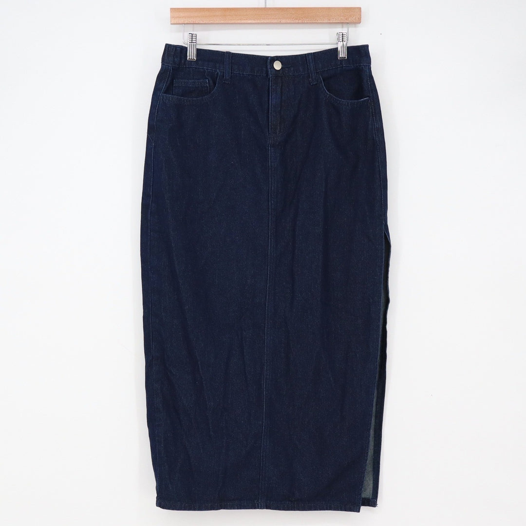 Lulus Denim Skirt Womens L Dark Wash Blue Side Slit Elastic Back Excellent