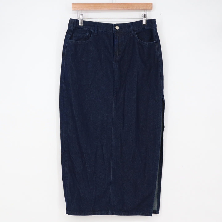 Lulus Denim Skirt Womens L Dark Wash Blue Side Slit Elastic Back Excellent